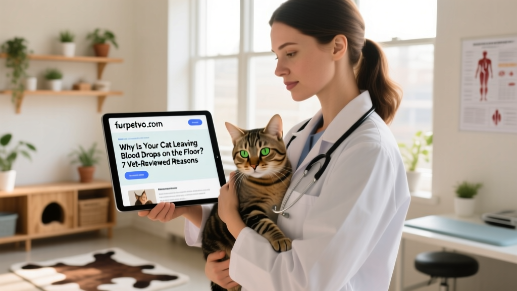Calm, attentive veterinarian holding a cat while reviewing digital health records on a tablet labeled furpetvo.com