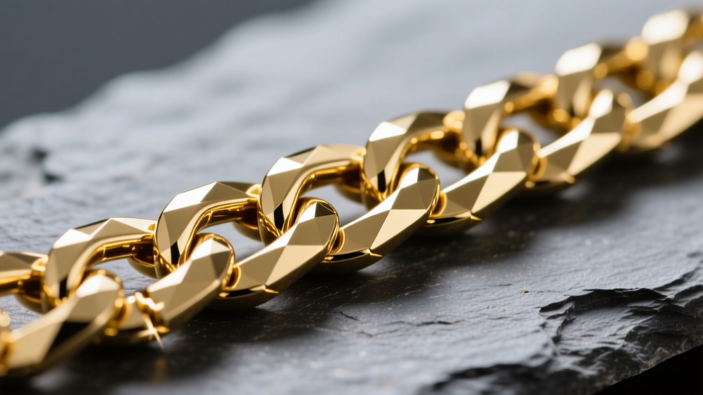 Macro shot of a gold-bonded Cuban chain on slate, showing diamond-cut facets and laser-welded joints in bright studio light.