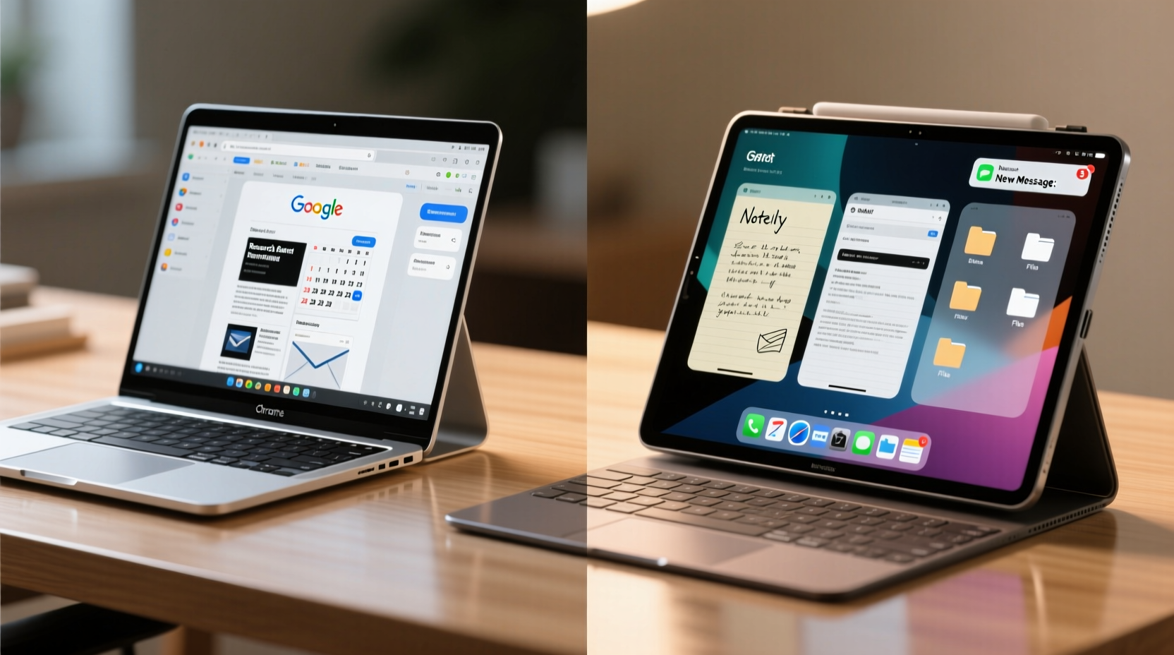 Side-by-side visual: Left shows a Chromebook open to Google Docs with multiple tabs (research, calendar, email); right shows an iPad with three overlapping app windows (Notability, Safari, Files), half-obscured by a floating keyboard and notification banner