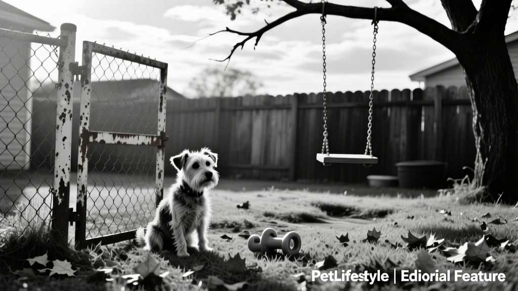 Black-and-white photo of a childhood backyard with a chain-link fence and a small dog sitting near the gate