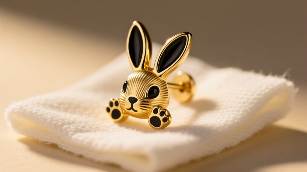 Macro shot of a 14k gold vermeil bunny earring with dark enamel details resting on a soft microfiber cleaning cloth in warm light