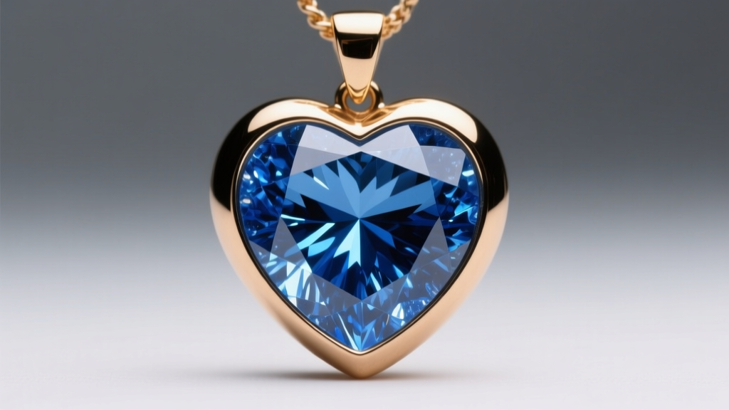 Macro view of blue drusy stone inlay in a brass heart pendant, showing crystalline texture under bright, focused studio lighting.