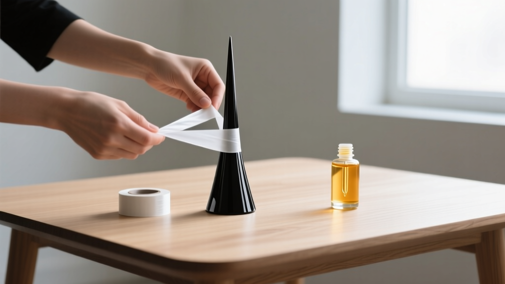 Hands wrapping thin white PTFE tape around a black glass ear taper on a clean wooden table, next to a small bottle of jojoba oil.