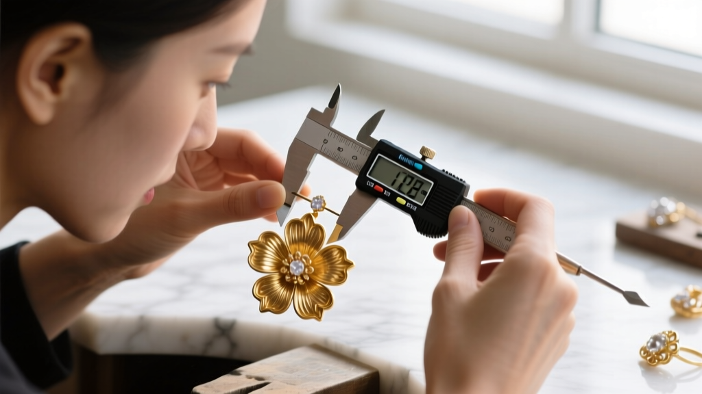 Jeweler using a digital caliper to measure the 1.2mm thickness of a 16-gauge post on a large gold floral statement earring