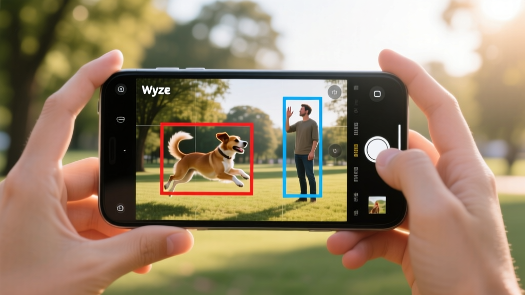 Smartphone screen showing the Wyze app interface with AI bounding boxes drawn around a detected dog and human outdoors.