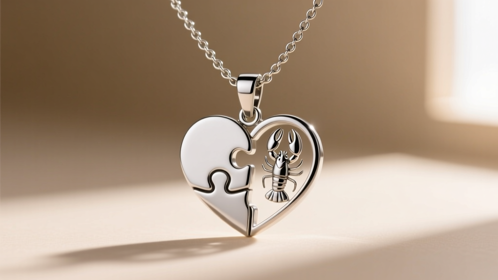 Macro shot of a split puzzle heart necklace half showing interlocking grooves and a secure lobster clasp on a 1.2mm rolo chain