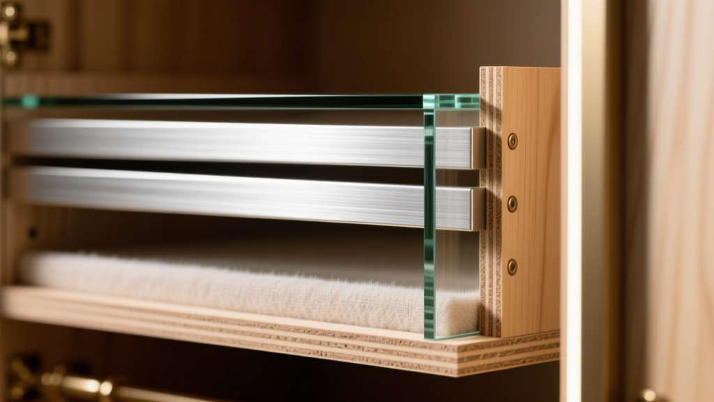 Close-up cross-section photo showing 4mm silvered glass, plywood backing, and anti-tarnish microfiber lining of a jewelry armoire