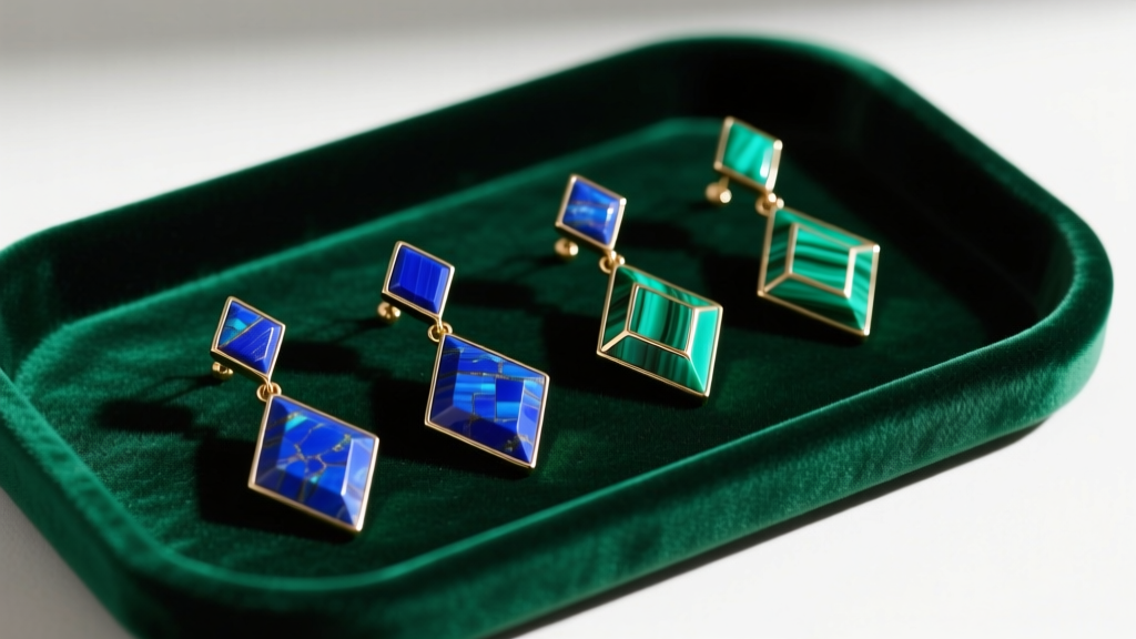 Geometric 70s-style drop earrings with lapis and malachite inlays on an emerald velvet tray under soft diffused lighting