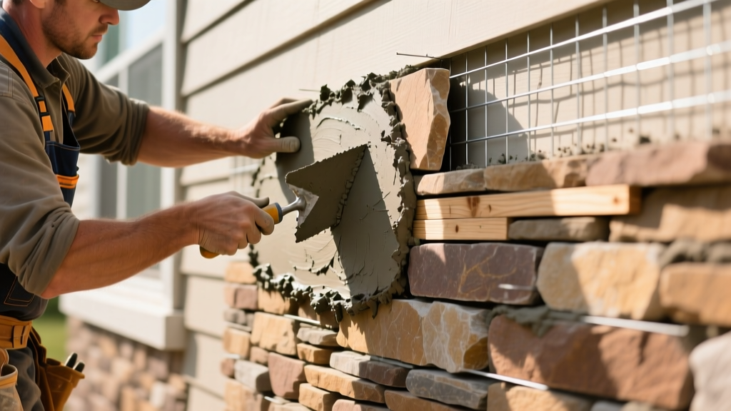 Professional mason applying Type S mortar and installing natural stacked stone veneer panels on a prepared exterior wall with metal lath.
