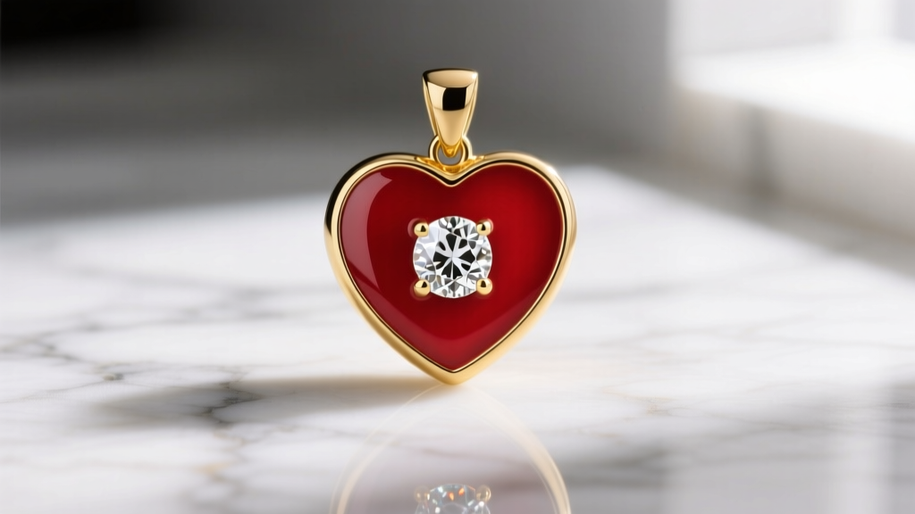 Close-up of 18k yellow gold Foundrae heart medallion with red vitreous enamel and central rose-cut diamond on marble.
