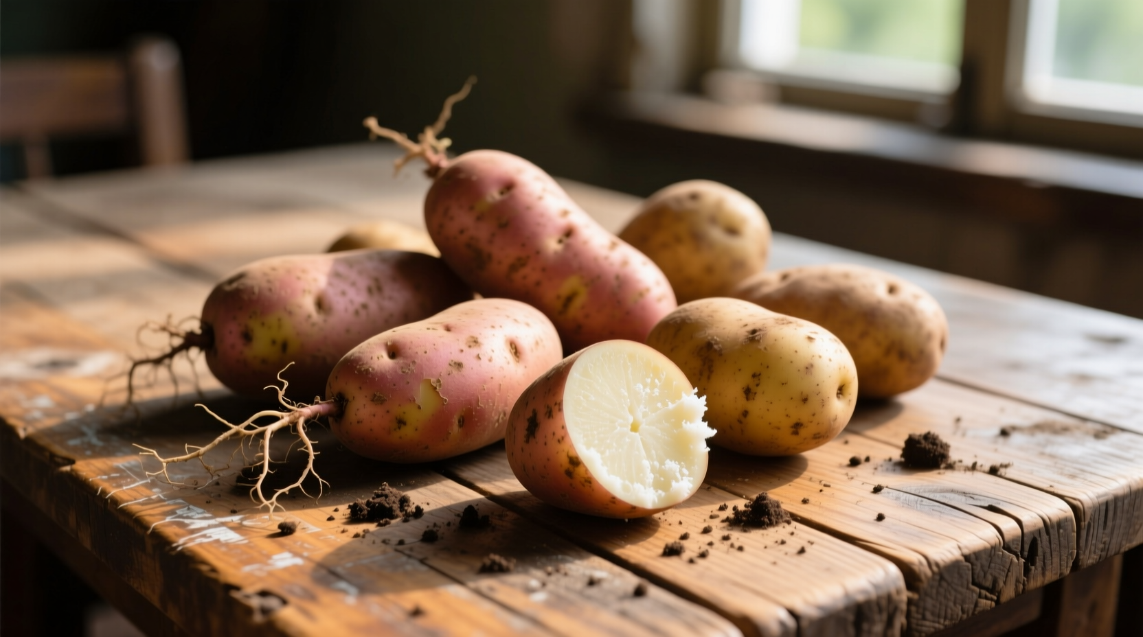 Russet potato varieties on wooden table