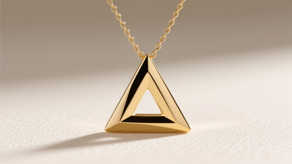Close-up of an 18k gold triangle pendant on a thin box chain showing sharp geometric edges and a bright high-polish metal finish