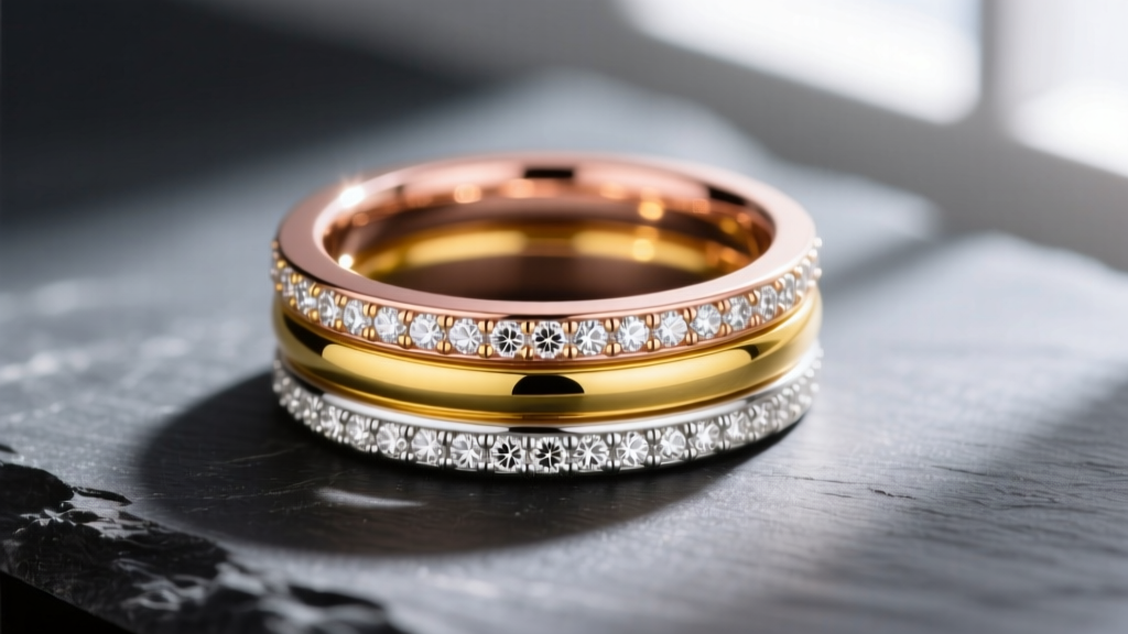 Close-up of a three-band interlocking ring in rose, yellow, and white gold with pave diamonds resting on a dark slate surface