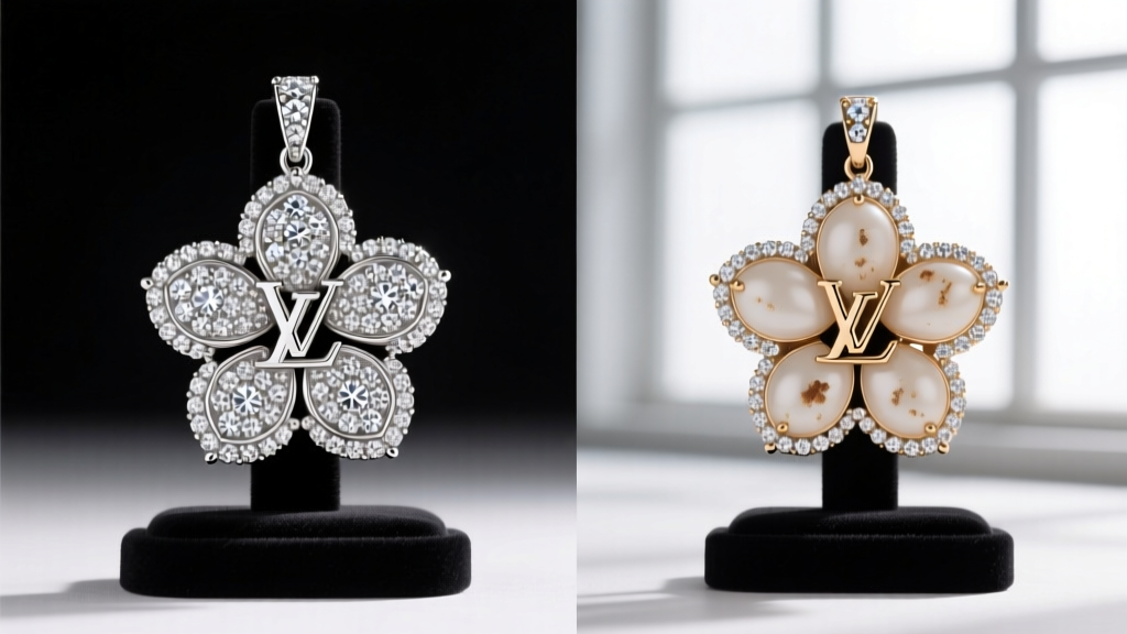 Side-by-side comparison showing the bead-set diamond pavé edges of an authentic LV flower pendant versus a glued counterfeit