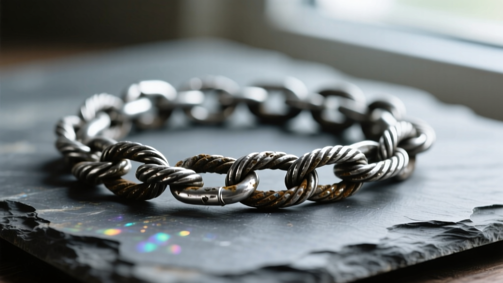 Macro view of tarnished sterling silver rope chain on slate, revealing dark oxidation trapped inside intricate metal link crevices.