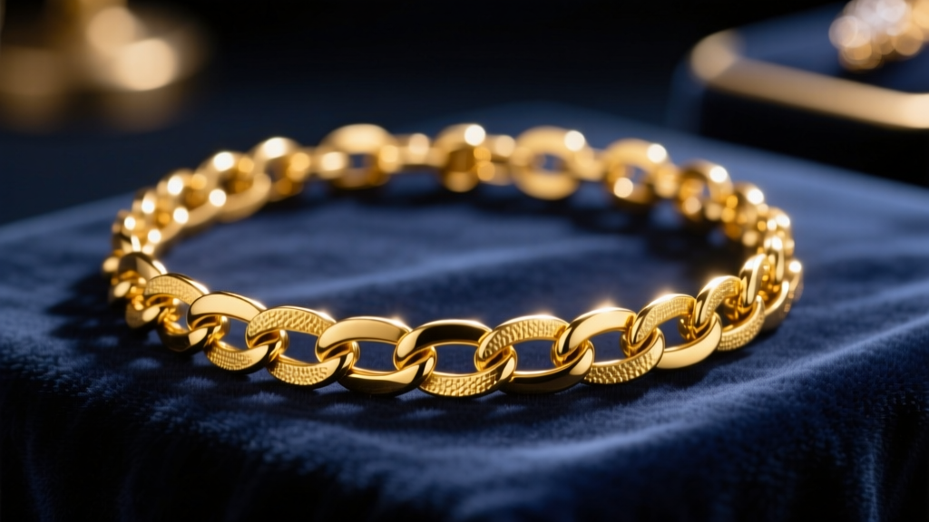 Macro shot of an 18k yellow gold box chain necklace on dark navy velvet, lit by soft warm studio lighting in a jewelry workshop.