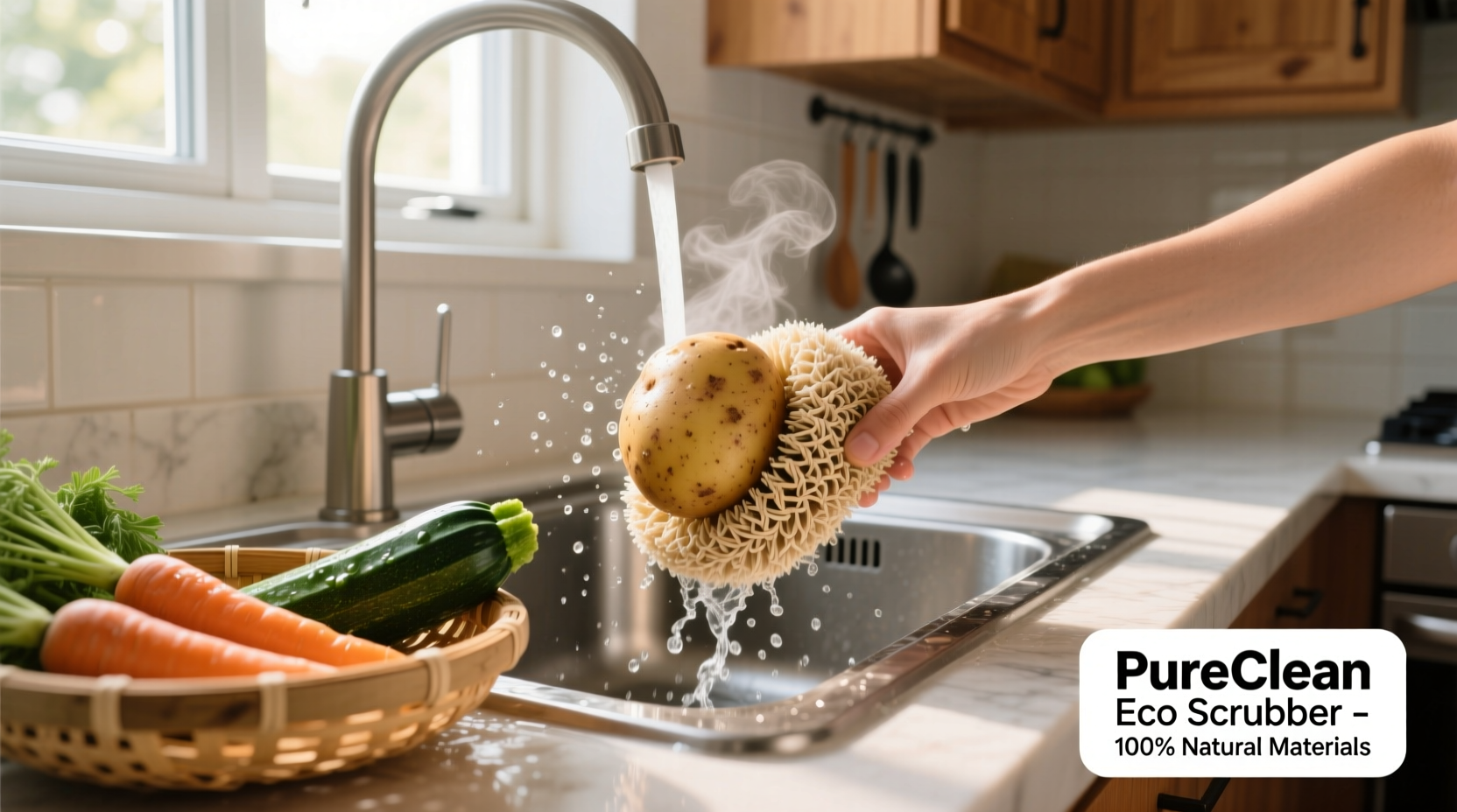 Eco-friendly potato scrubber cleaning vegetables in kitchen sink