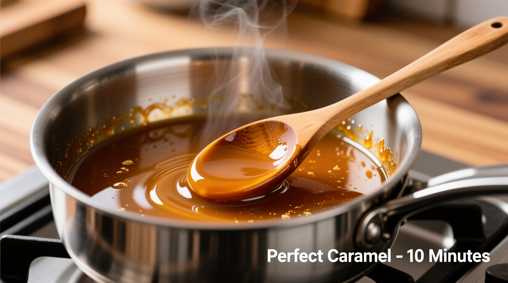 Perfect amber caramel in saucepan with wooden spoon