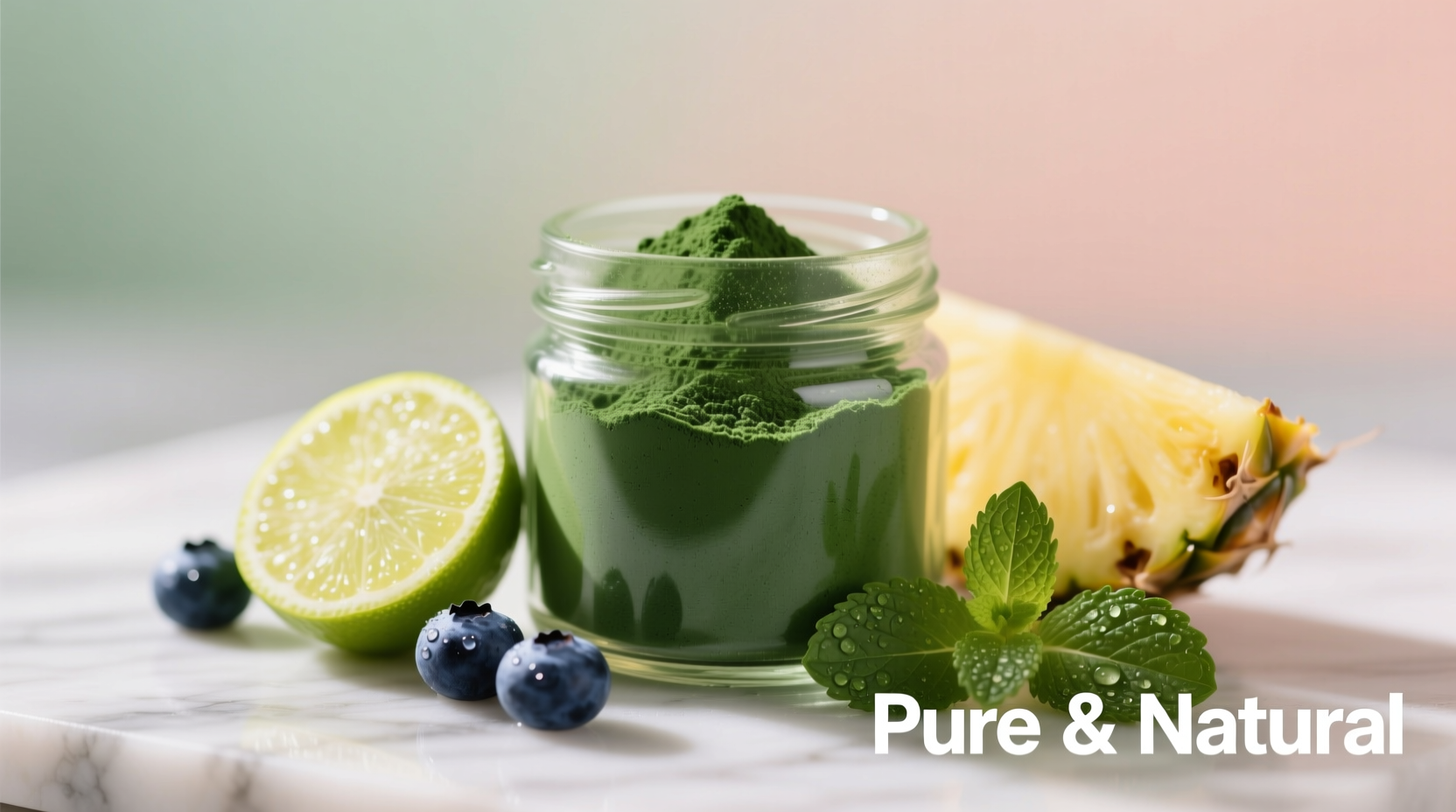 Spirulina powder in a glass with fresh fruit