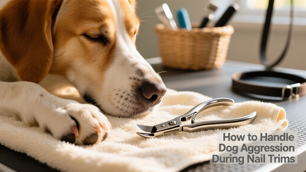 Close-up of a calm dog’s paw resting gently on a soft towel, with FurPetVo nail clippers placed nearby