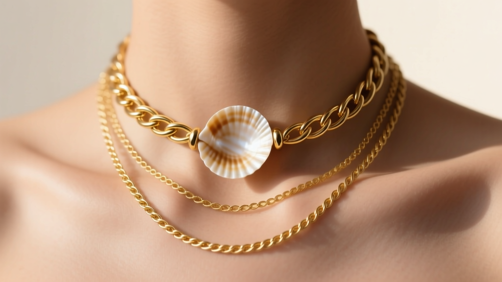 Close-up of a layered gold necklace stack with a puka shell choker and delicate 14k gold cable chains on a sunlit collarbone.