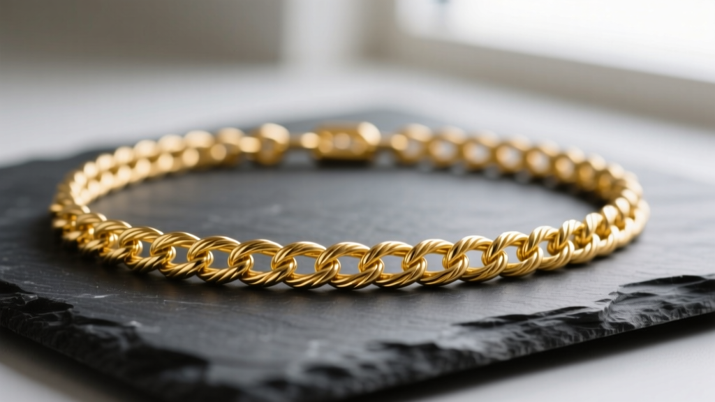 Macro shot of a 14k yellow gold 16 inch necklace chain cable link on dark slate, soft lighting highlighting metal texture.