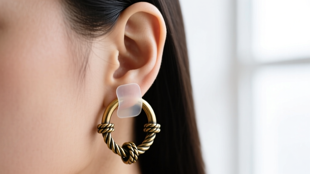 Close-up of an ear lobe using a clear silicone support patch to hold a heavy, thick-gauge nautical pirate hoop earring securely.