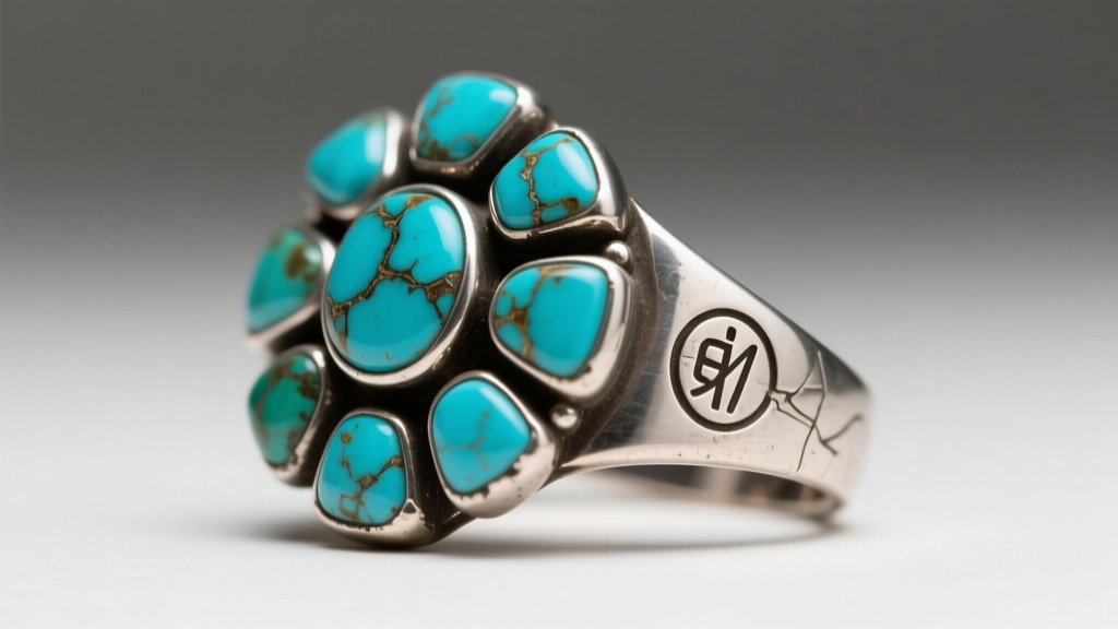Extreme close-up of a worn sterling silver hallmark stamp on the back of a mid-century Zuni turquoise cluster ring showing patina.