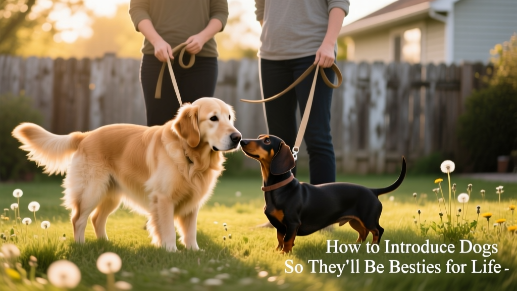 Two dogs standing side-by-side, noses gently near each other's hindquarters, handlers holding loose leashes