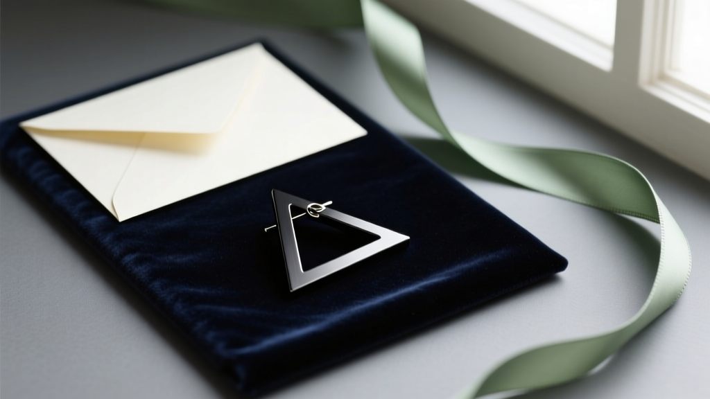 Flat lay gift box with matte black titanium triangle hoop earrings on dark velvet, next to a minimalist greeting card and ribbon.