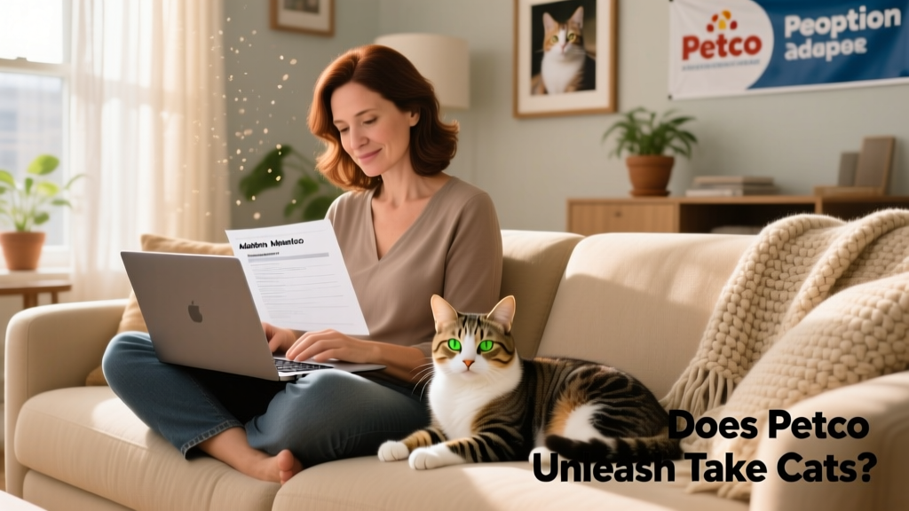 A person reviewing adoption applications on a laptop while sitting beside a relaxed, friendly cat on the couch