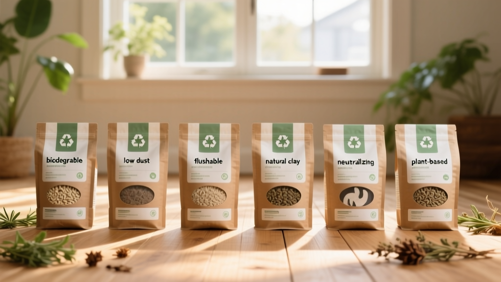 Side-by-side comparison of six natural cat litters in eco-friendly packaging, with labels highlighting key features like 'biodegradable', 'low dust', and 'flushable'