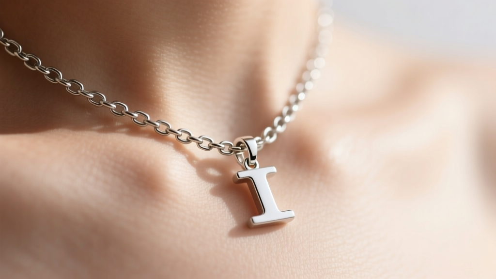 A 1.2mm stainless steel box chain threaded through a silver initial pendant, showing the interlocking links against soft skin tone.