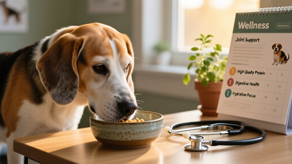 Senior beagle eating from a shallow ceramic bowl, with a vet’s stethoscope and wellness chart visible in background