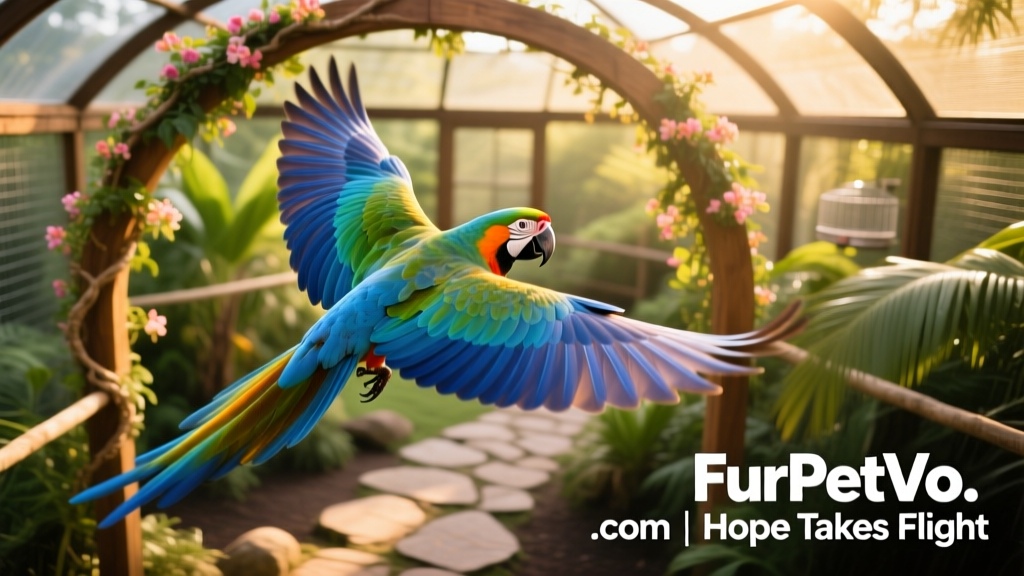 A joyful aerial shot of Aurora flying freely in a sunlit, enclosed outdoor aviary at FurPetVo.com