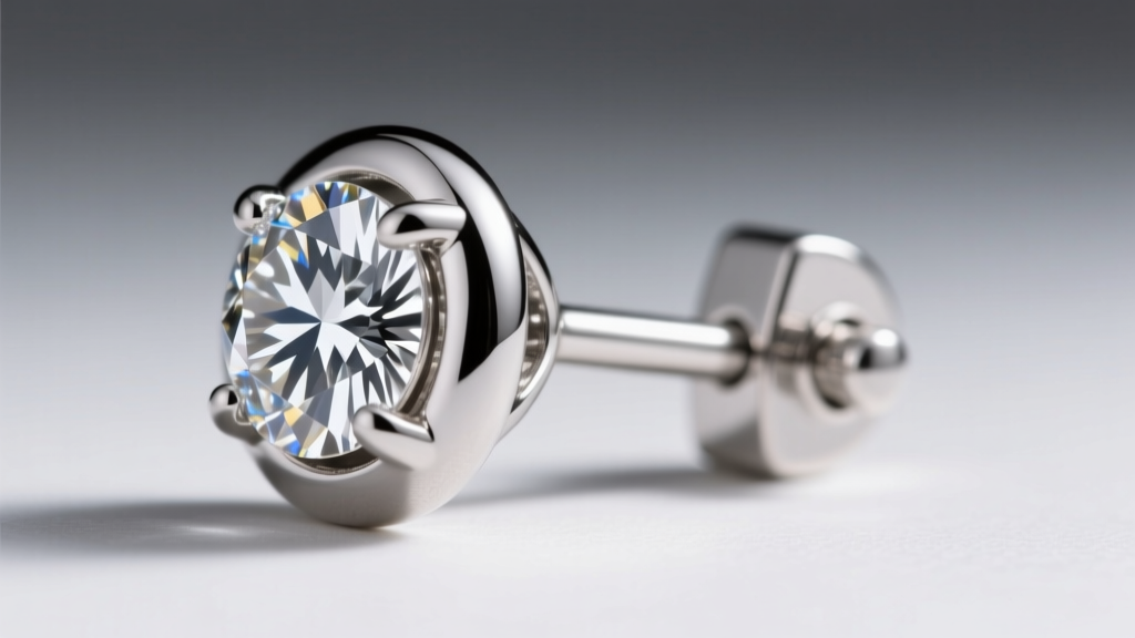 Macro shot of a platinum bezel setting holding a round diamond, showing a thick 16-gauge post and secure friction earring backing.