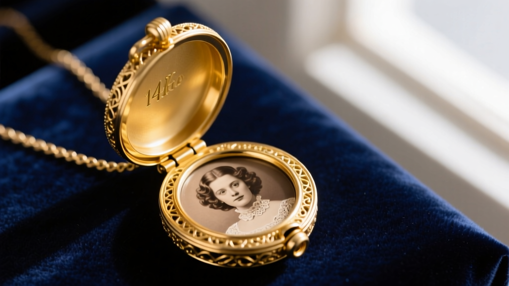 Macro shot of an open 14k yellow gold locket necklace on dark navy velvet, revealing a small vintage portrait inside the frame.