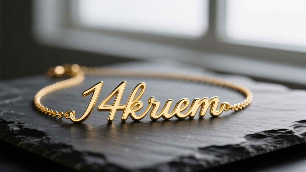 Close-up of a 14k solid gold custom name necklace on dark slate, soft studio lighting highlighting the polished cursive lettering.