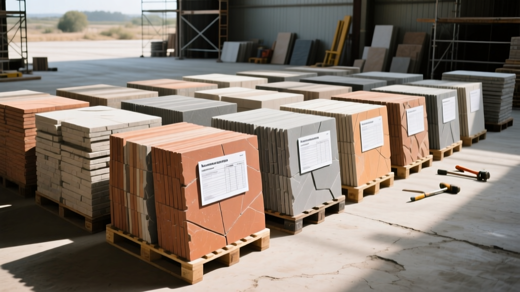 Manufactured stone veneer pallets with spec sheets staged at a masonry supply yard for commercial project inspection