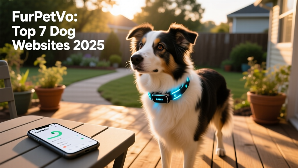 A calm border collie wearing a smart collar while a smartphone displays a health dashboard from FurPetVo