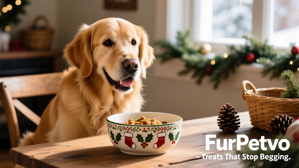 A dog happily enjoying a festive, dog-safe holiday meal from FurPetVo in a decorated bowl