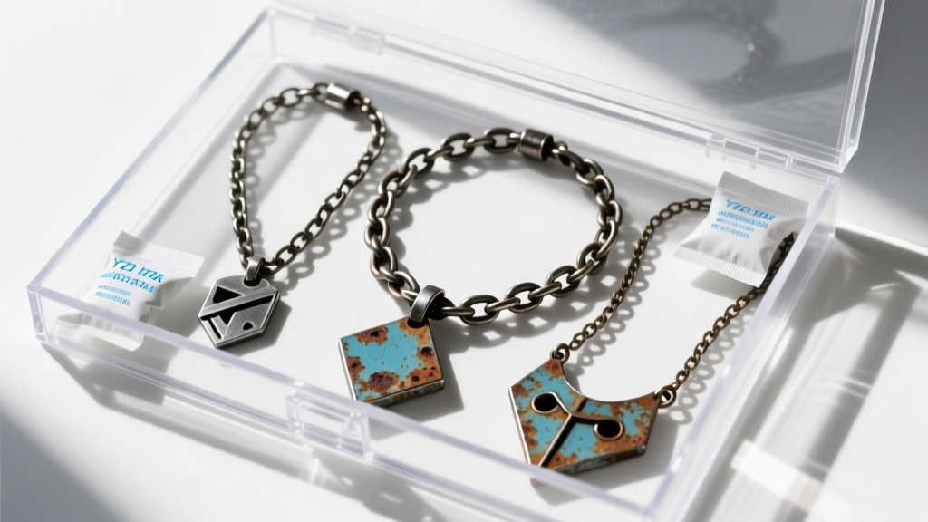 Distressed Y2K-style iron necklaces stored in an airtight acrylic box with silica gel packets and anti-tarnish strips