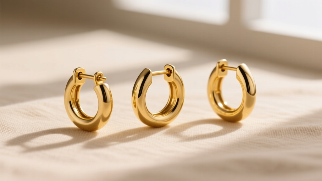 Flat lay of three 14k yellow gold huggie hoops on beige linen, showing hinge and clicker closure mechanisms in sharp macro focus.