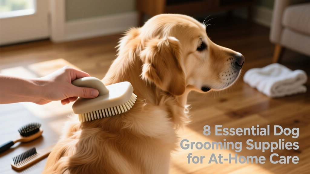 Close-up of a person using a rubber curry brush on a short-coated dog's back