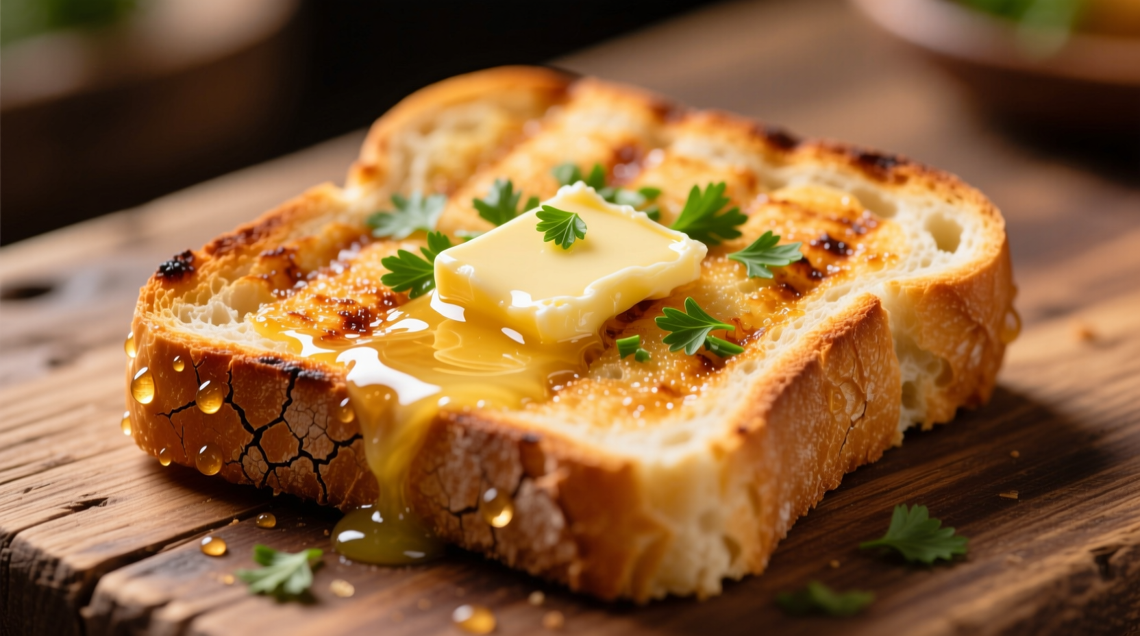 Perfectly golden French bread garlic toast with melted butter