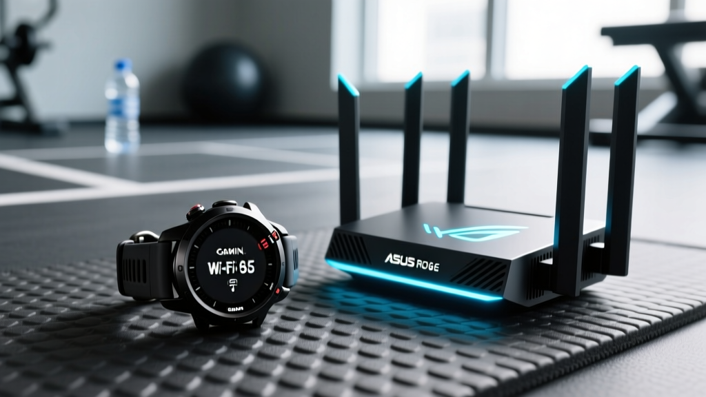 Close-up of a Garmin Forerunner 965 resting on a rubber gym floor mat next to a glowing Asus ROG Wi-Fi 6E router with multiple antennas