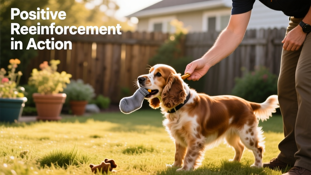 Trainer calmly offering a treat while a Cocker Spaniel releases a sock, illustrating positive reinforcement for dropping guarded items