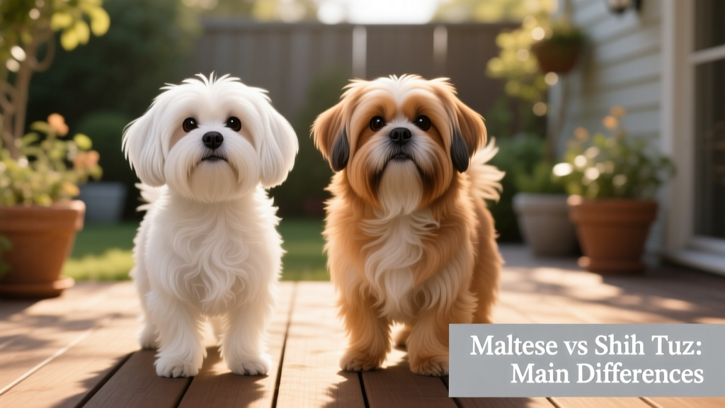 Side-by-side comparison showing a Maltese and a Shih Tzu standing next to each other, highlighting their distinct facial features, coat textures, and body proportions