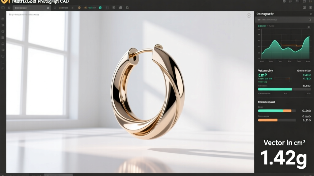 MatrixGold CAD software analyzing the volume and estimated gram weight of a 3D hoop earring generated from 2D vector clip art.