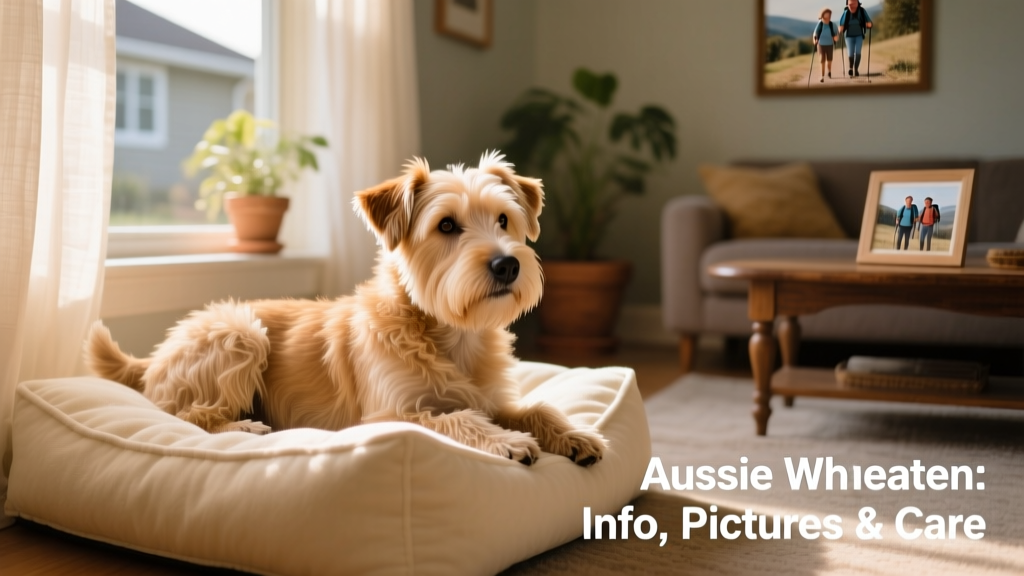 A relaxed Aussie Wheaten resting on a cozy dog bed beside a window with natural light